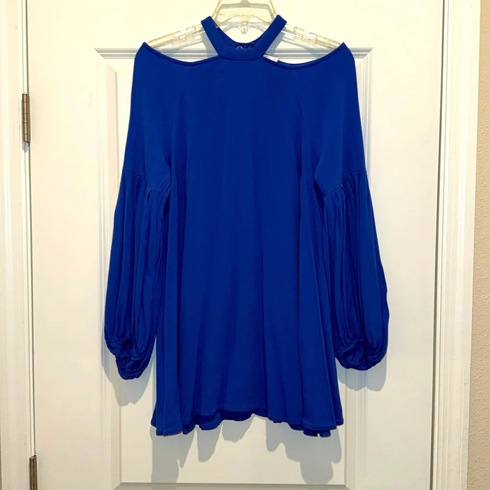 Free People Drift Away Cold Shoulder Long Sleeve Dress Blue Size S -Keyhole Back - Picture 1 of 8